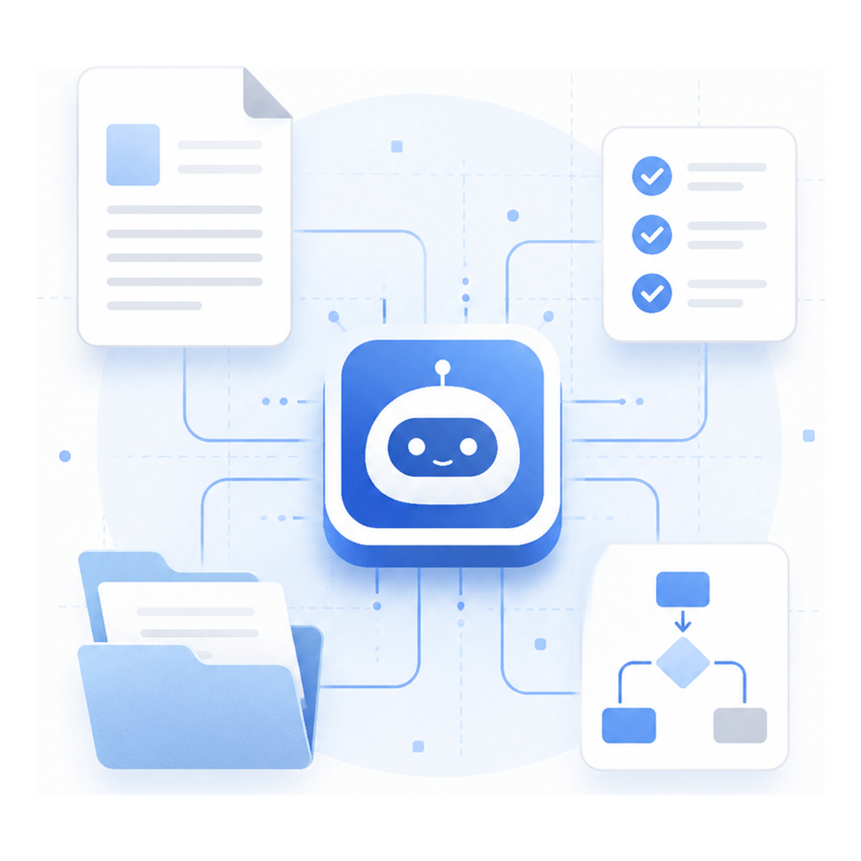 AIが書類や業務フローを補助するイメージ