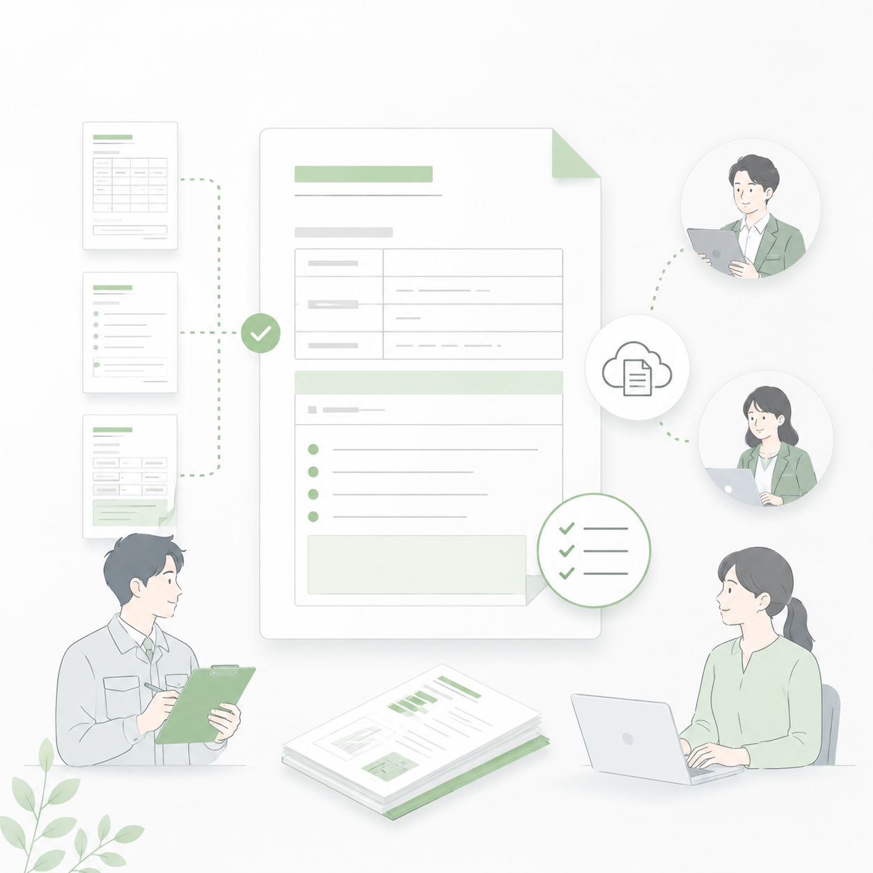 社内報告書の形式を揃えて共有しやすくするイメージ